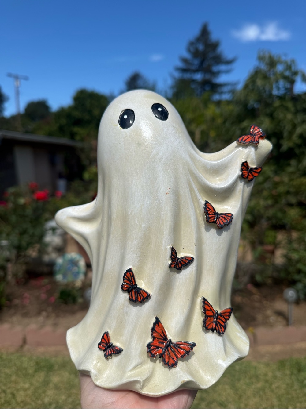 Ivory Ghost Figurine with Orange Butterflies - Home Wall Decor